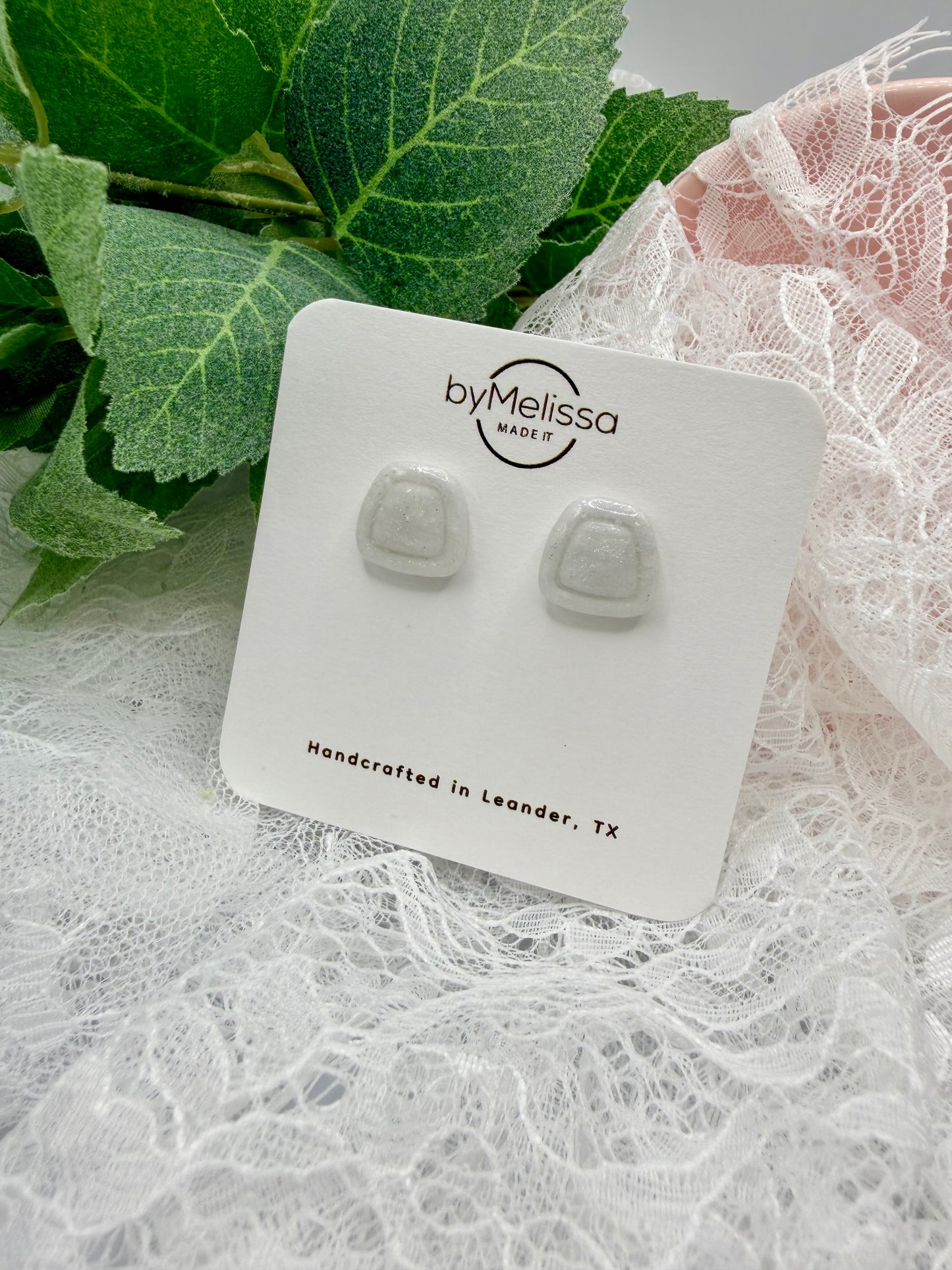 White and Silver Small Embedded Polygon Stud Earrings