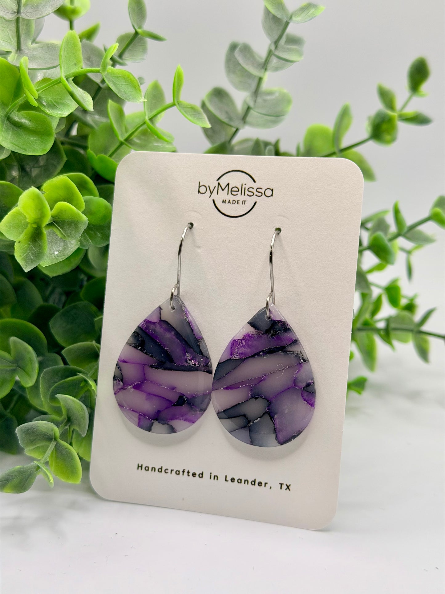 Purple and Black Small Wide Teardrop Drop Earrings in Silver