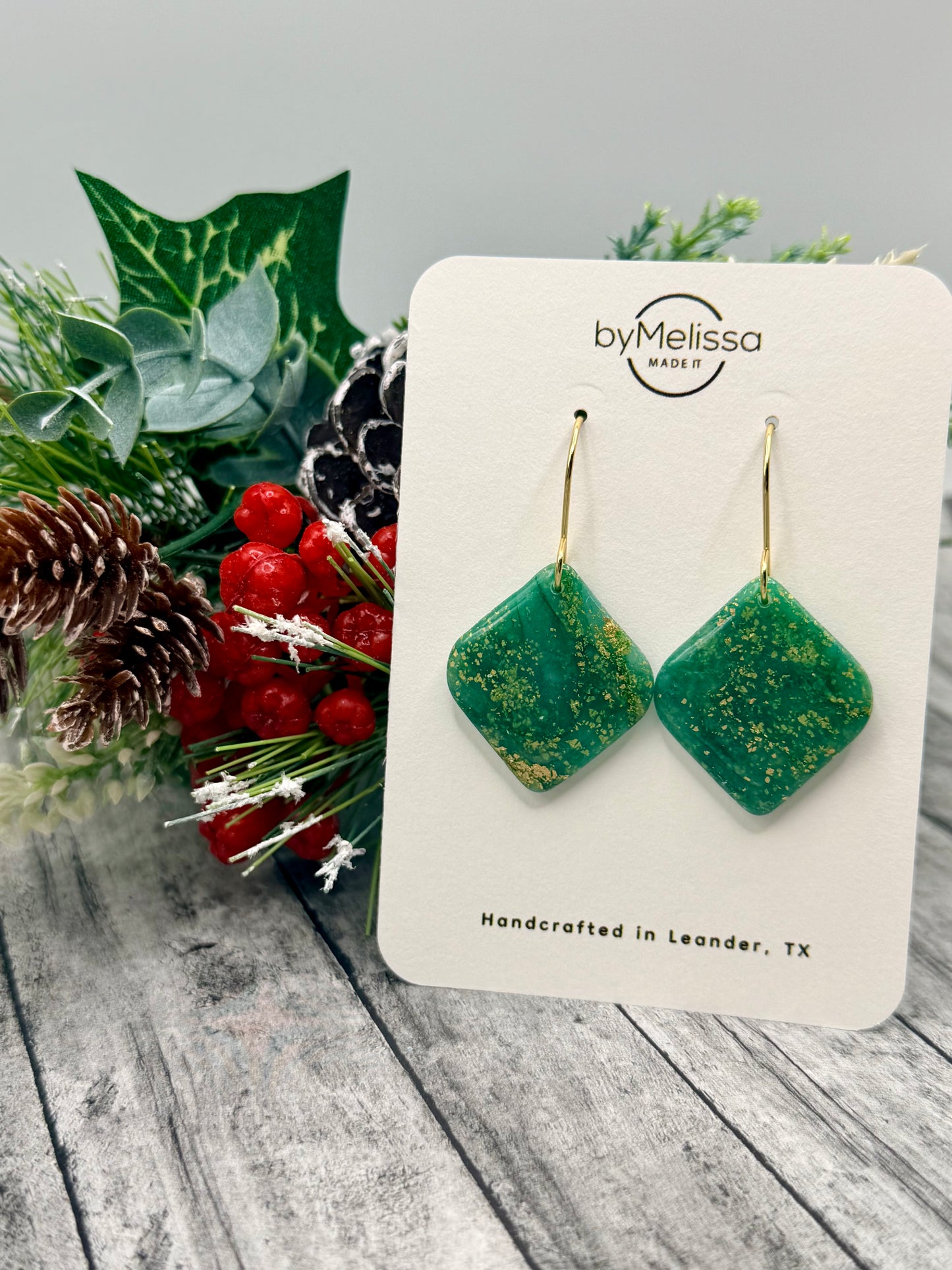 Green and Gold Small Rounded Square Drop Earrings