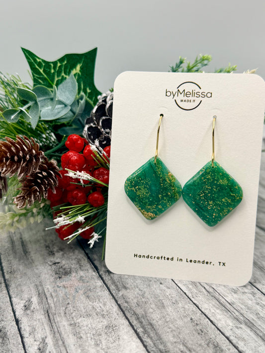 Green and Gold Small Rounded Square Drop Earrings