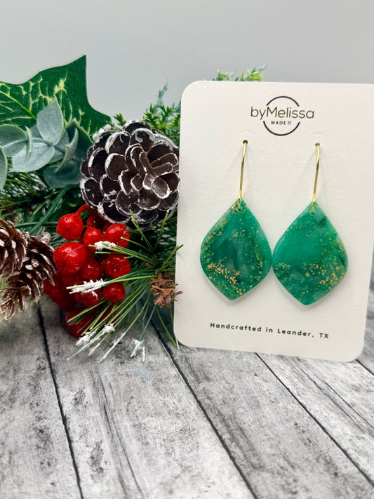 Green and Gold Small Wide Leaf Drop Earrings