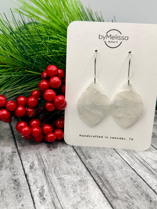 White and Silver Small Wide Leaf Drop Earrings