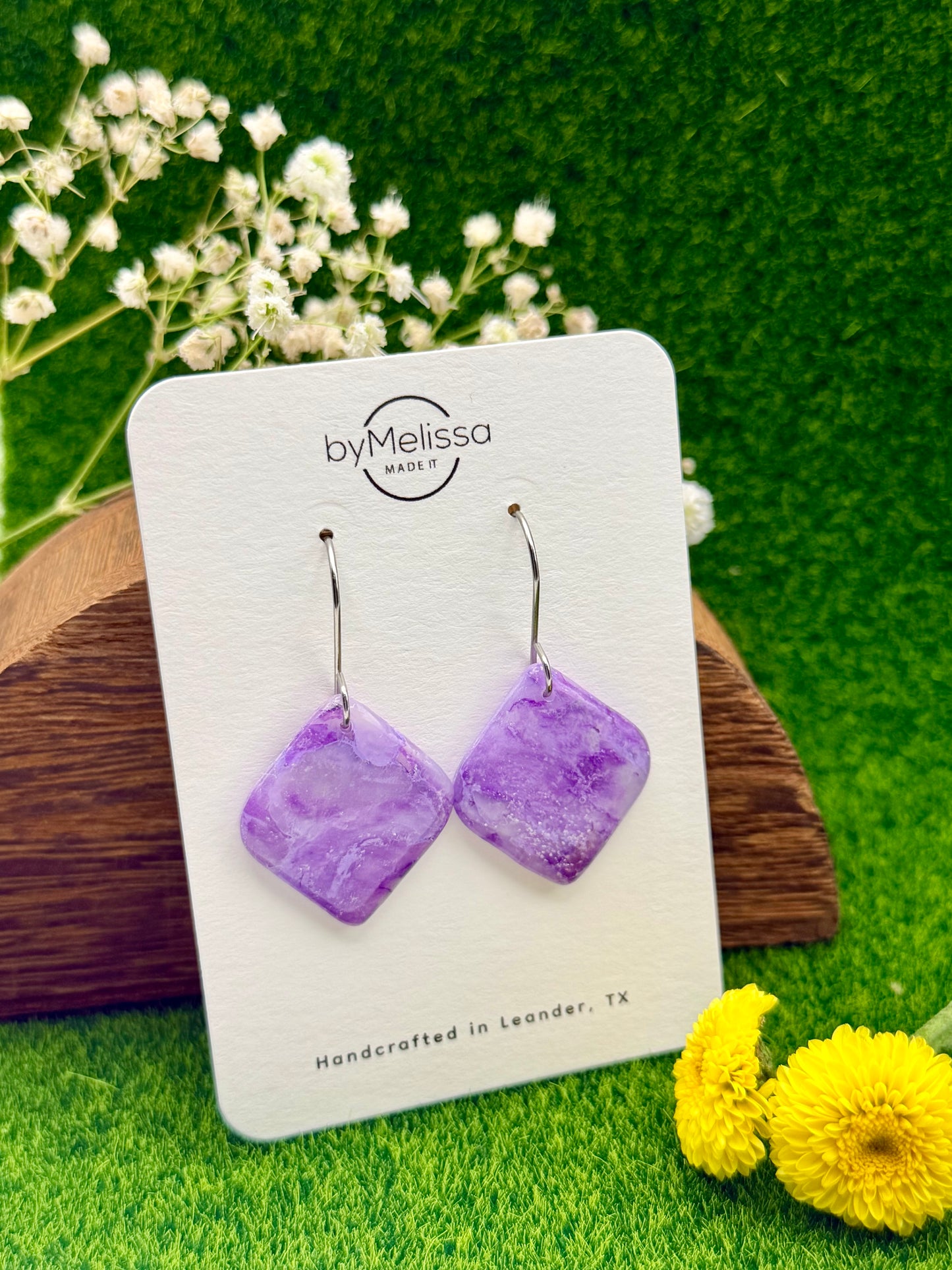 Purple Small Rounded Square Drop Earrings in Silver