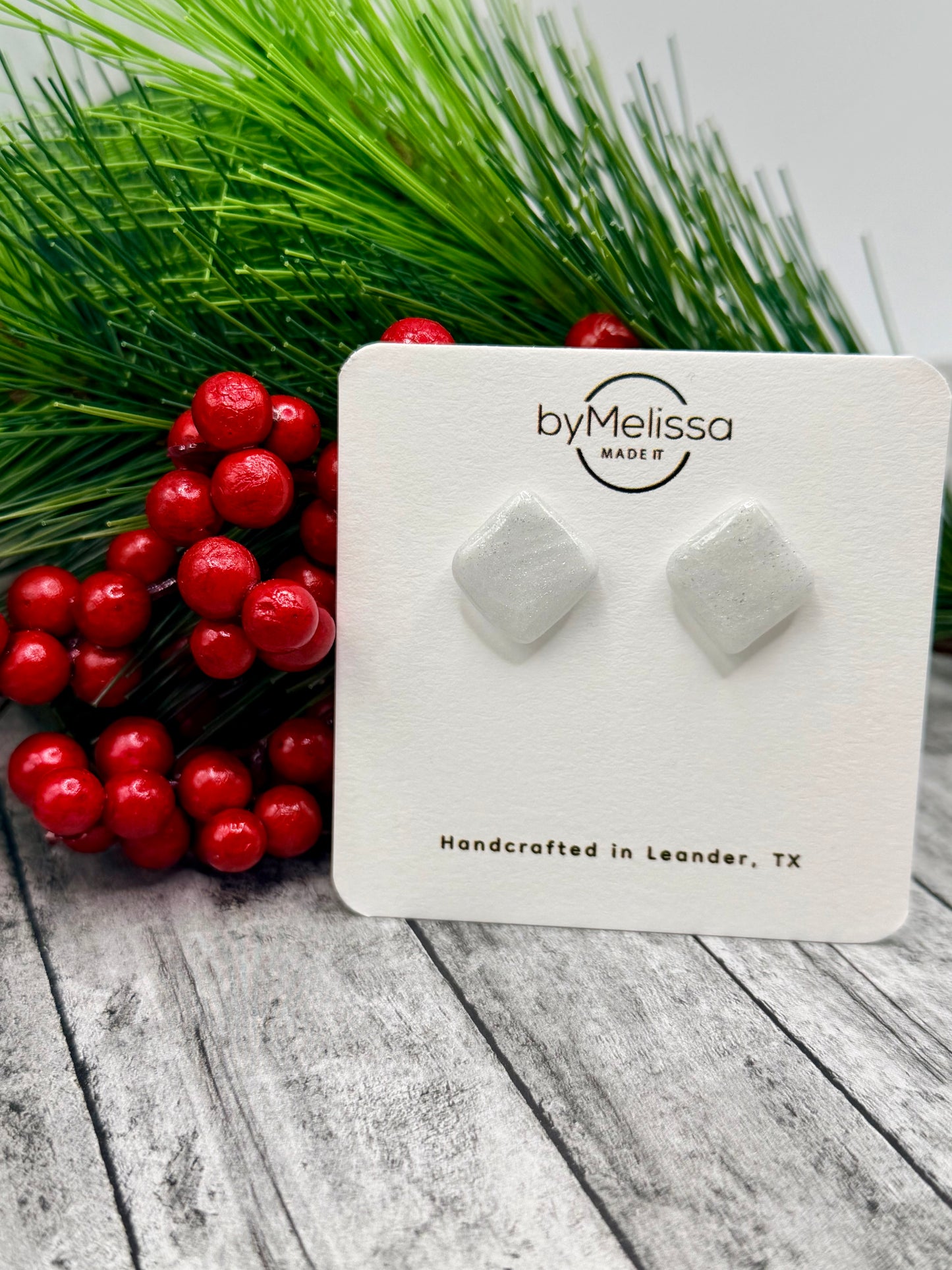 White and Silver Rounded Square Stud Earrings