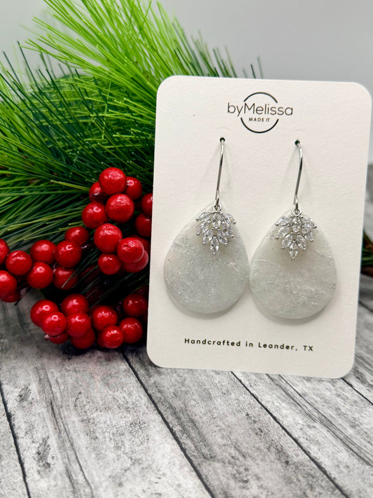 White and Silver Small Wide Teardrop Drop Earrings with Feather Charm
