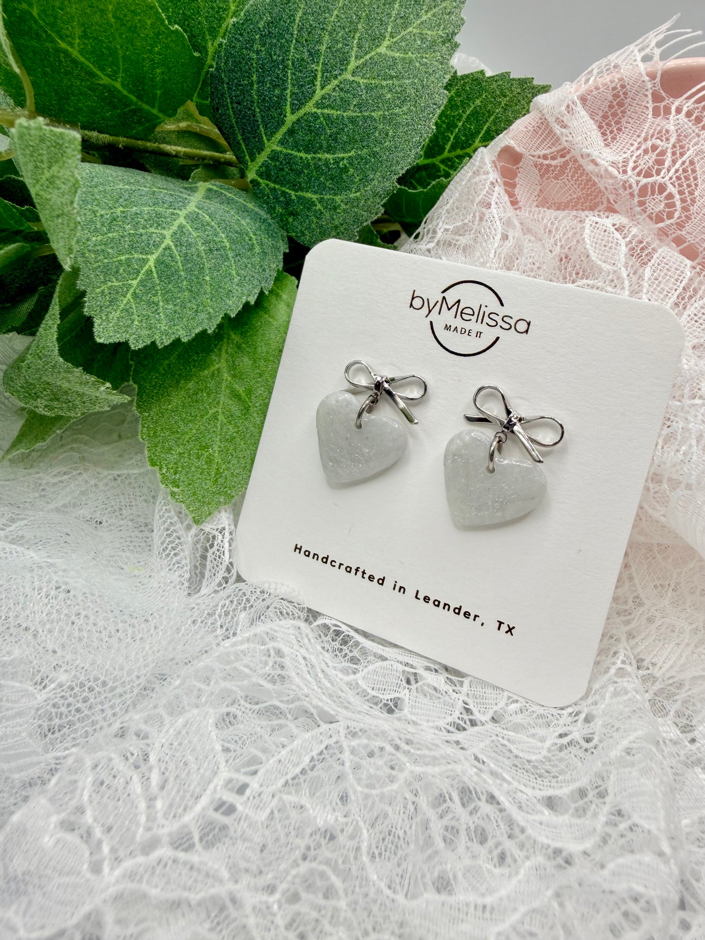 White and Silver Heart Bowknot Earrings