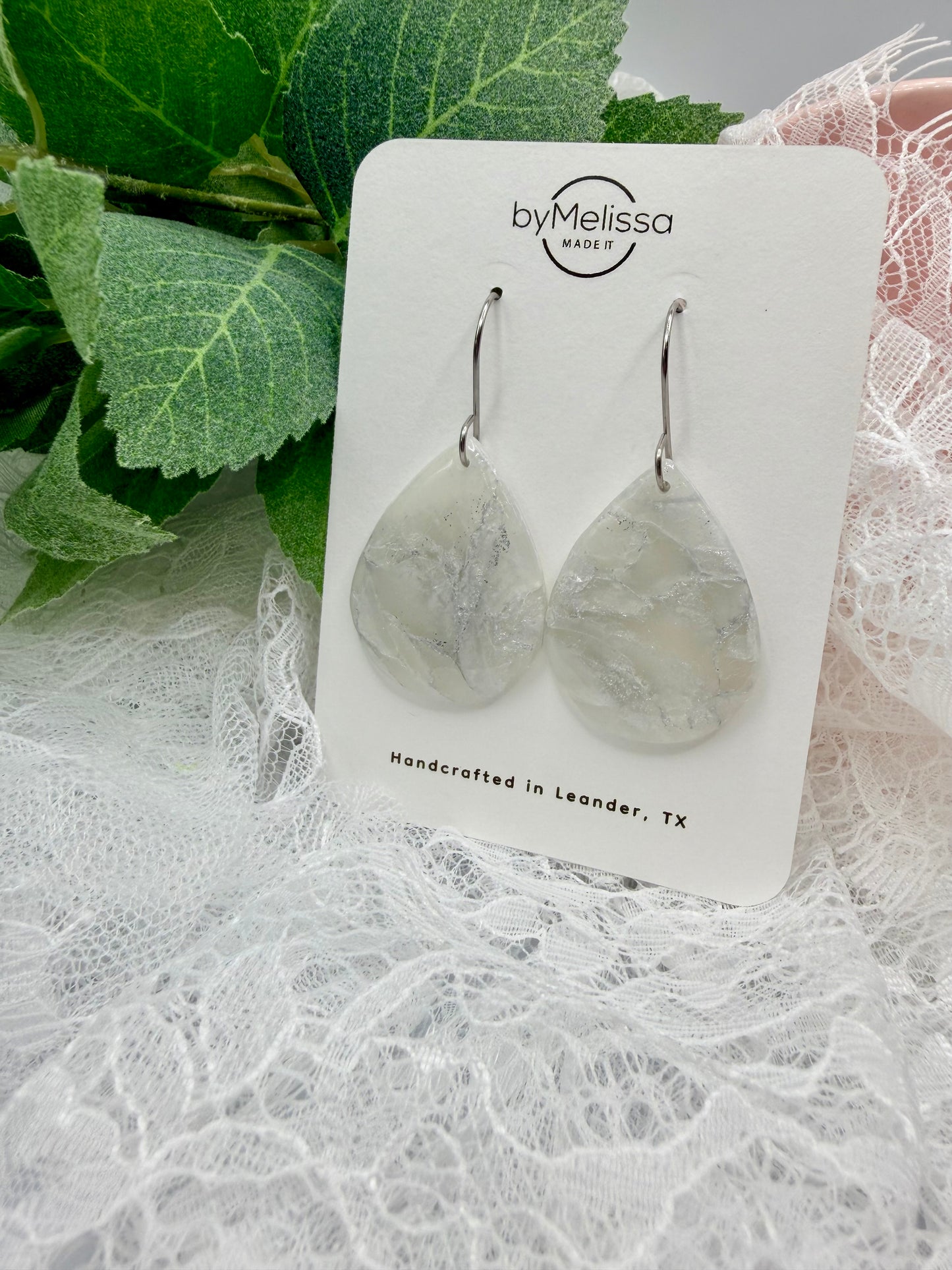 White and Silver Small Wide Teardrop Drop Earrings