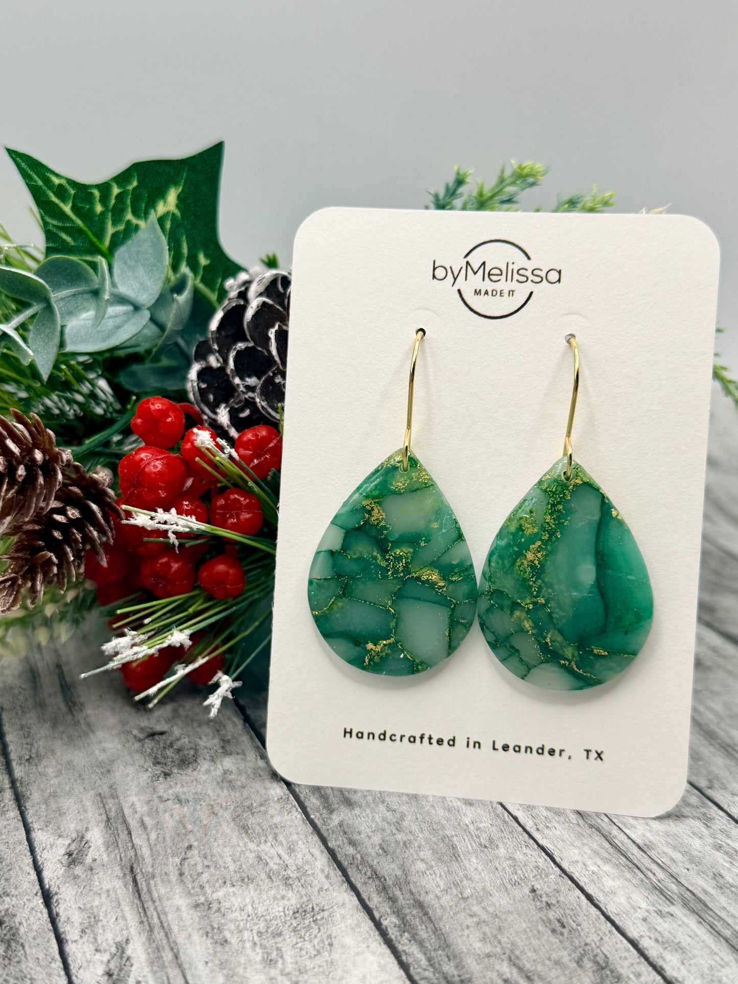 Green and Gold Small Wide Teardrop Drop Earrings