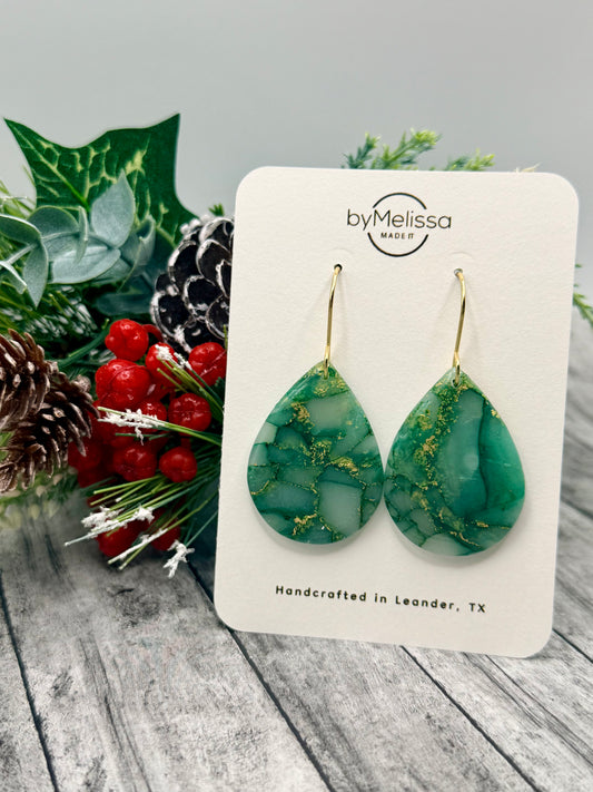 Green and Gold Small Wide Teardrop Drop Earrings