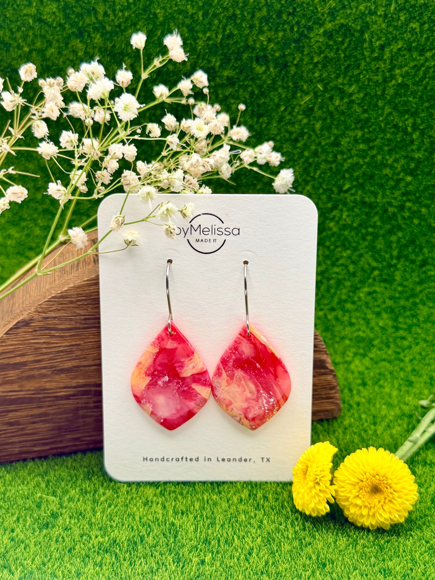Red and Orange Small Wide Leaf Drop Earrings in Silver