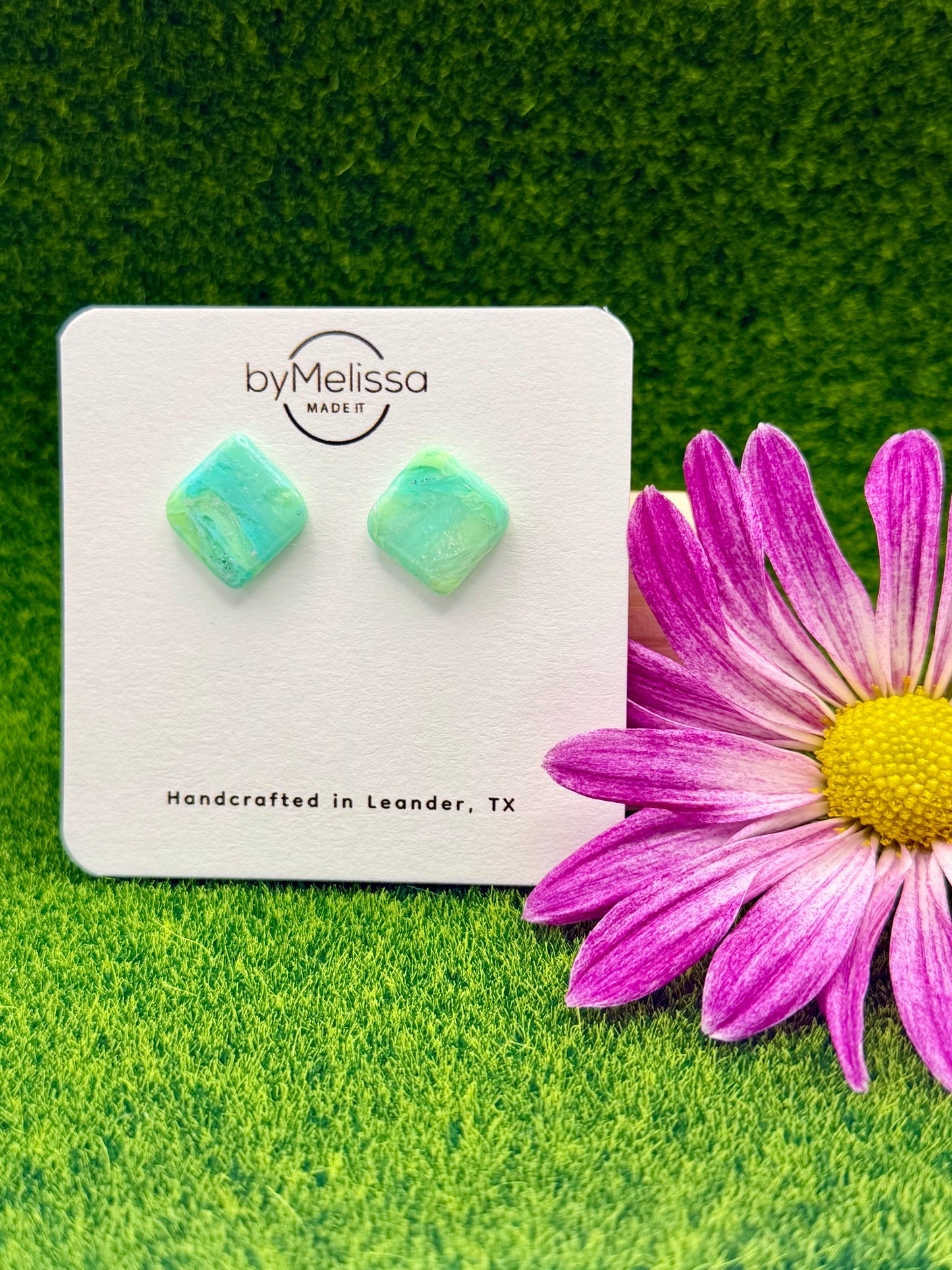 Lime and Turquoise Rounded Square Stud Earrings