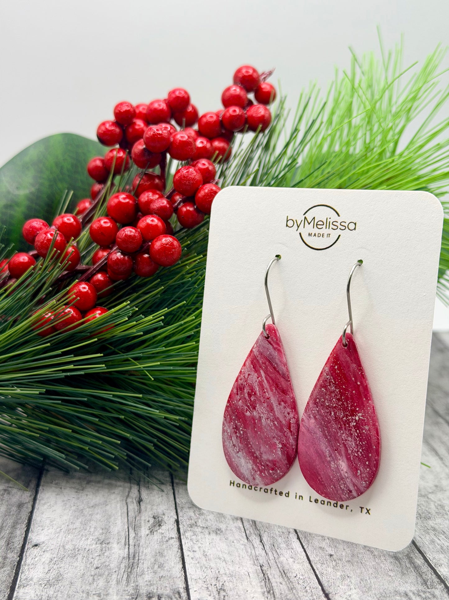 Red and White Small Teardrop Drop Earrings in Silver