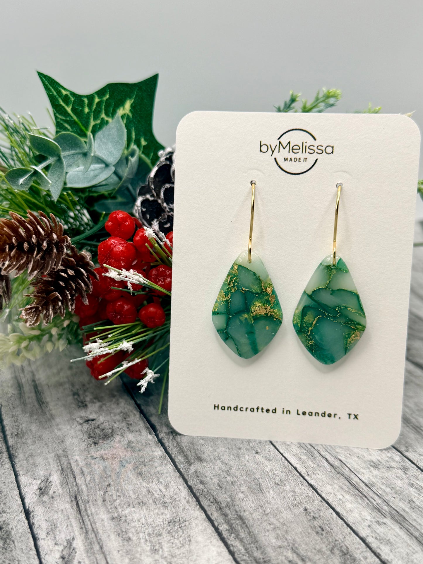 Green and Gold Small Kite Drop Earrings
