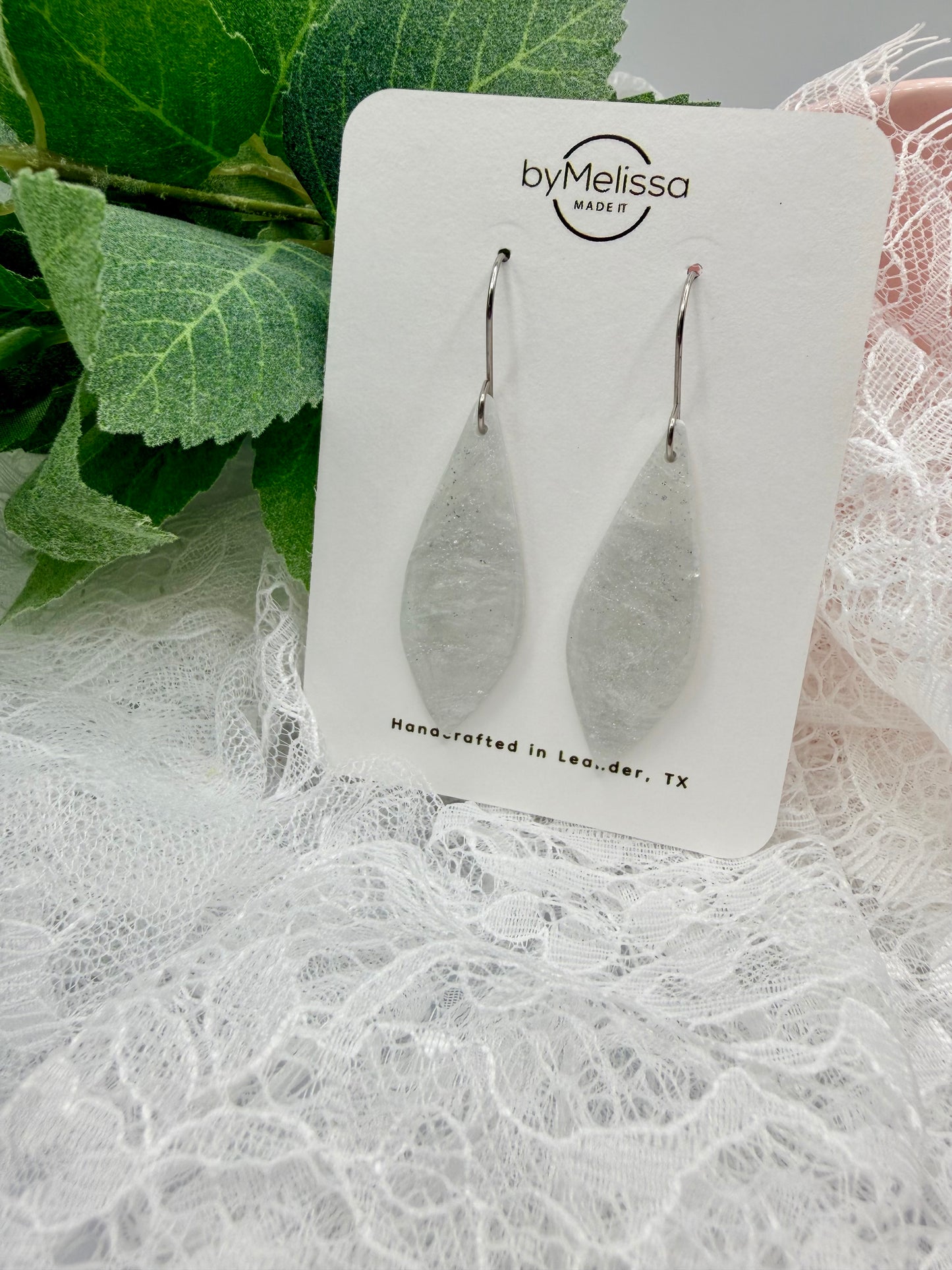 White and Silver Small Elongated Kite Drop Earrings