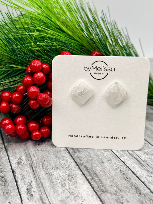 White and Silver Rounded Square Stud Earrings