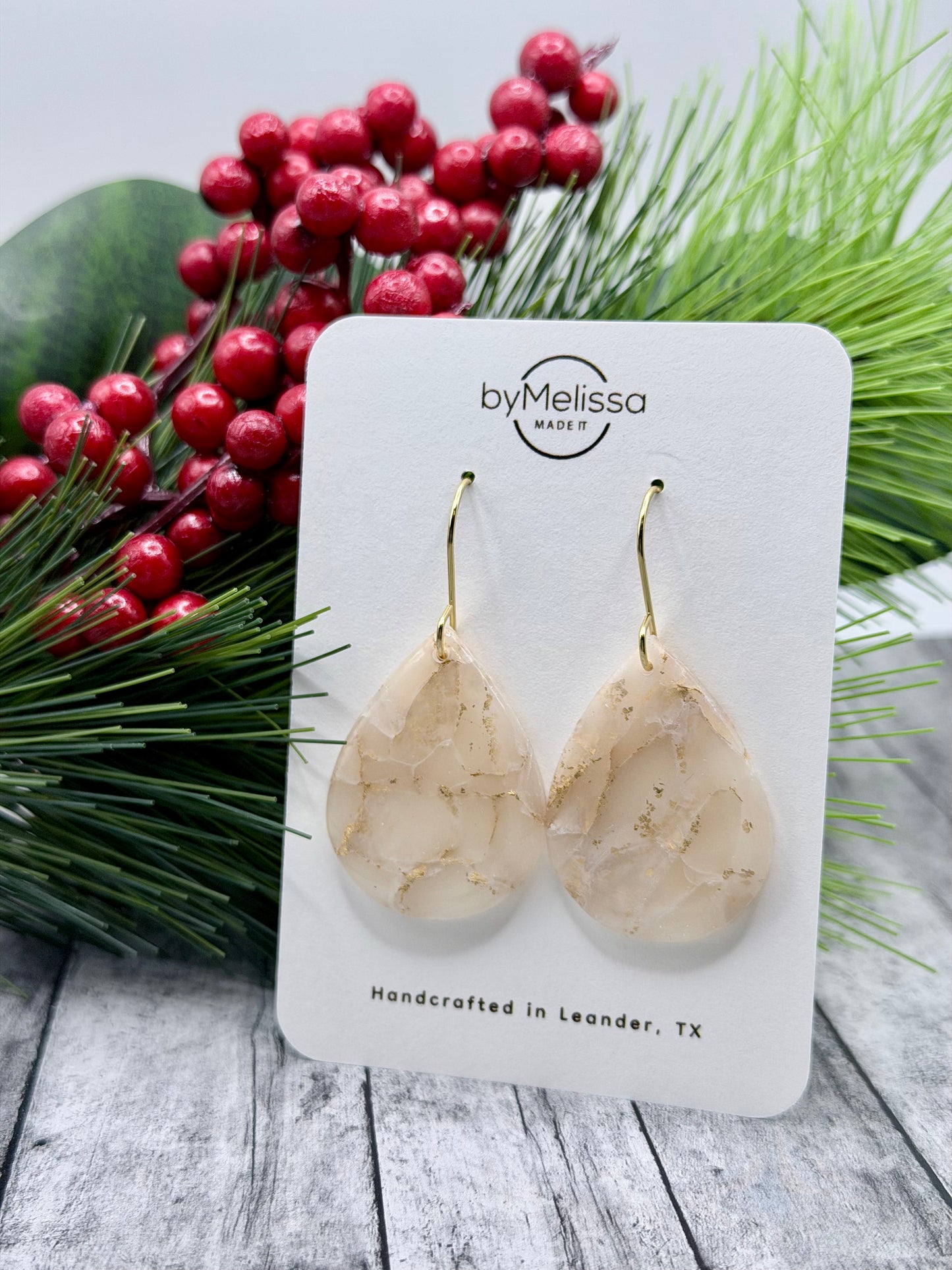 White and Gold Small Wide Teardrop Drop Earrings