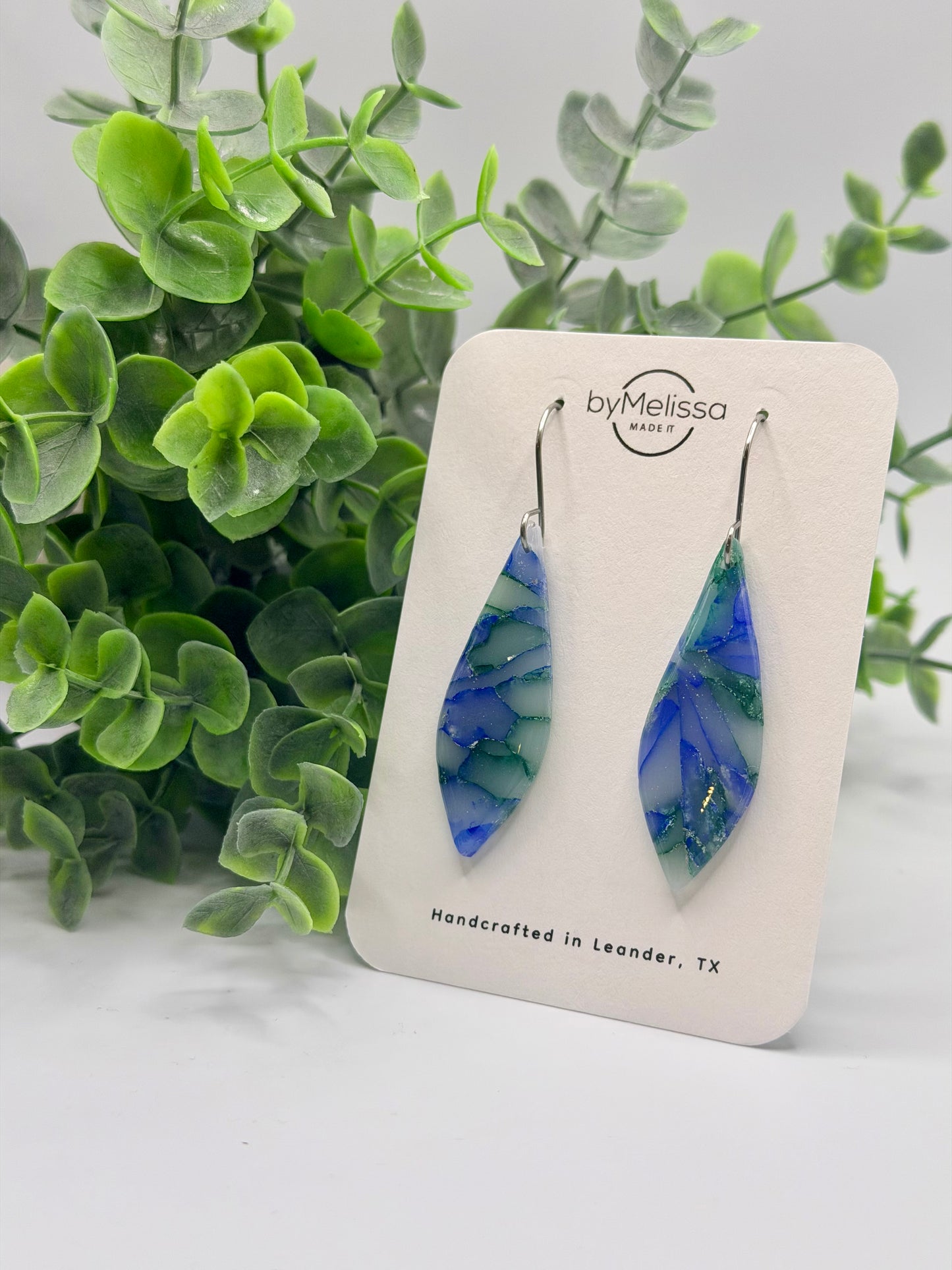 Forest Green and Blue Small Elongated Kite Drop Earrings in Silver