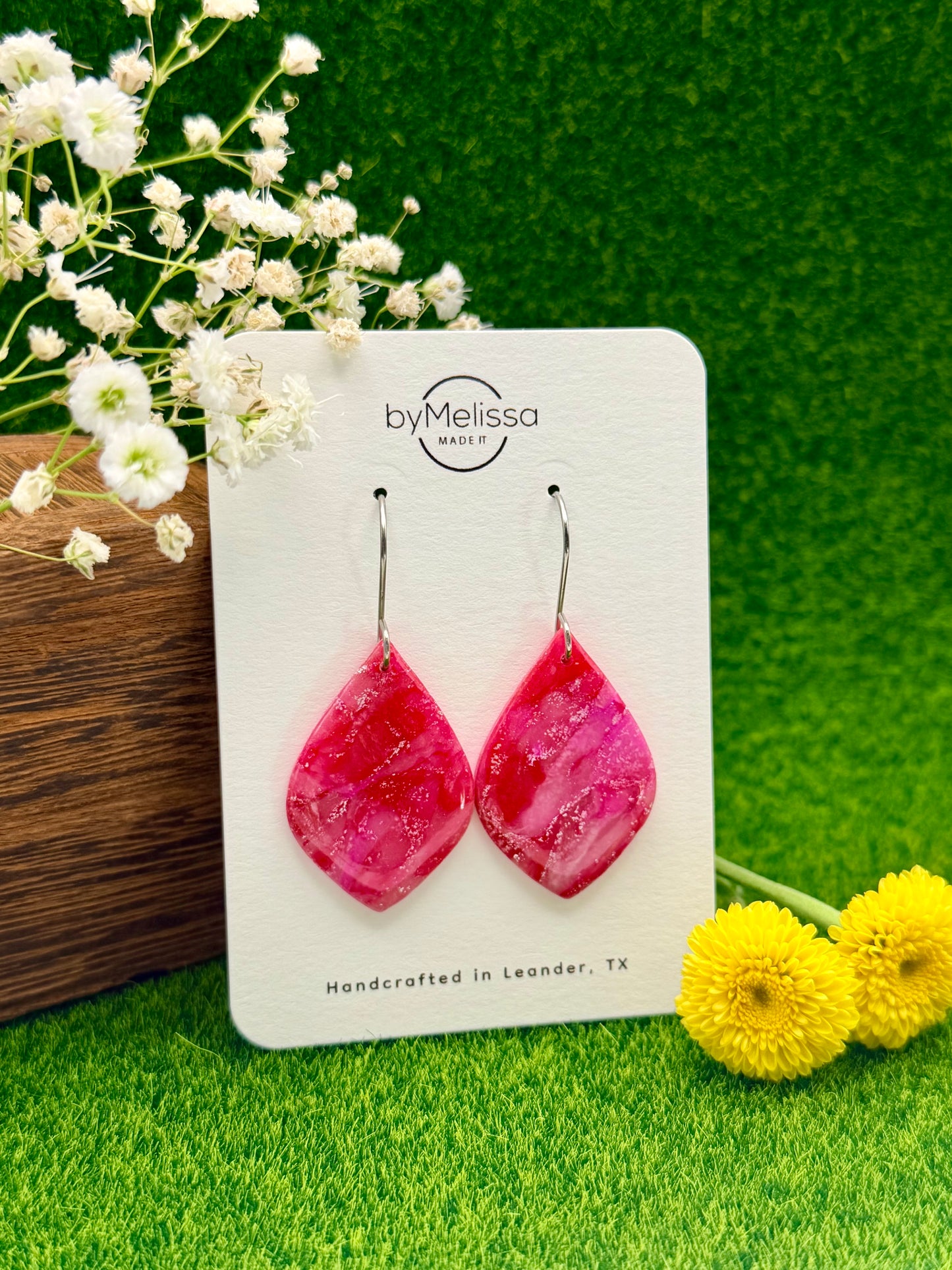 Red and Pink Small Wide Leaf Drop Earrings in Silver