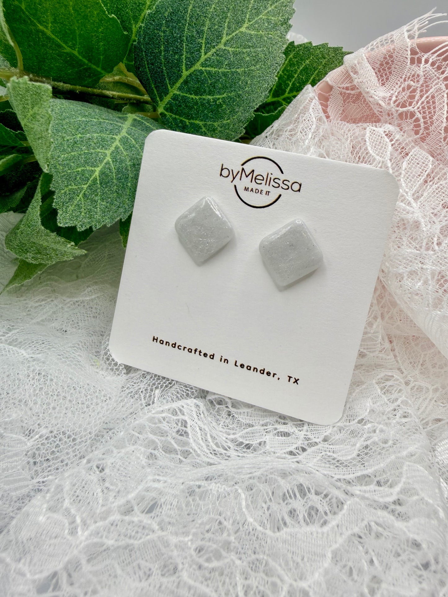 White and Silver Rounded Square Stud Earrings