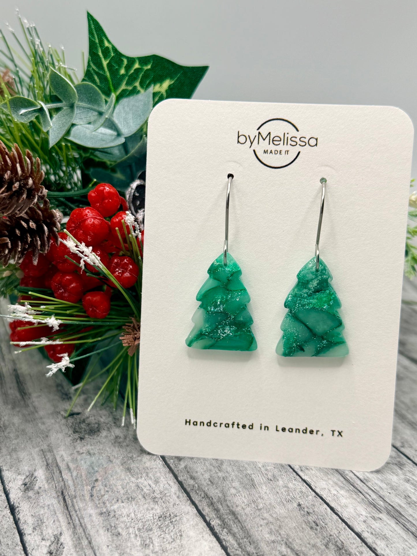 Green Christmas Tree Drop Earrings in Silver