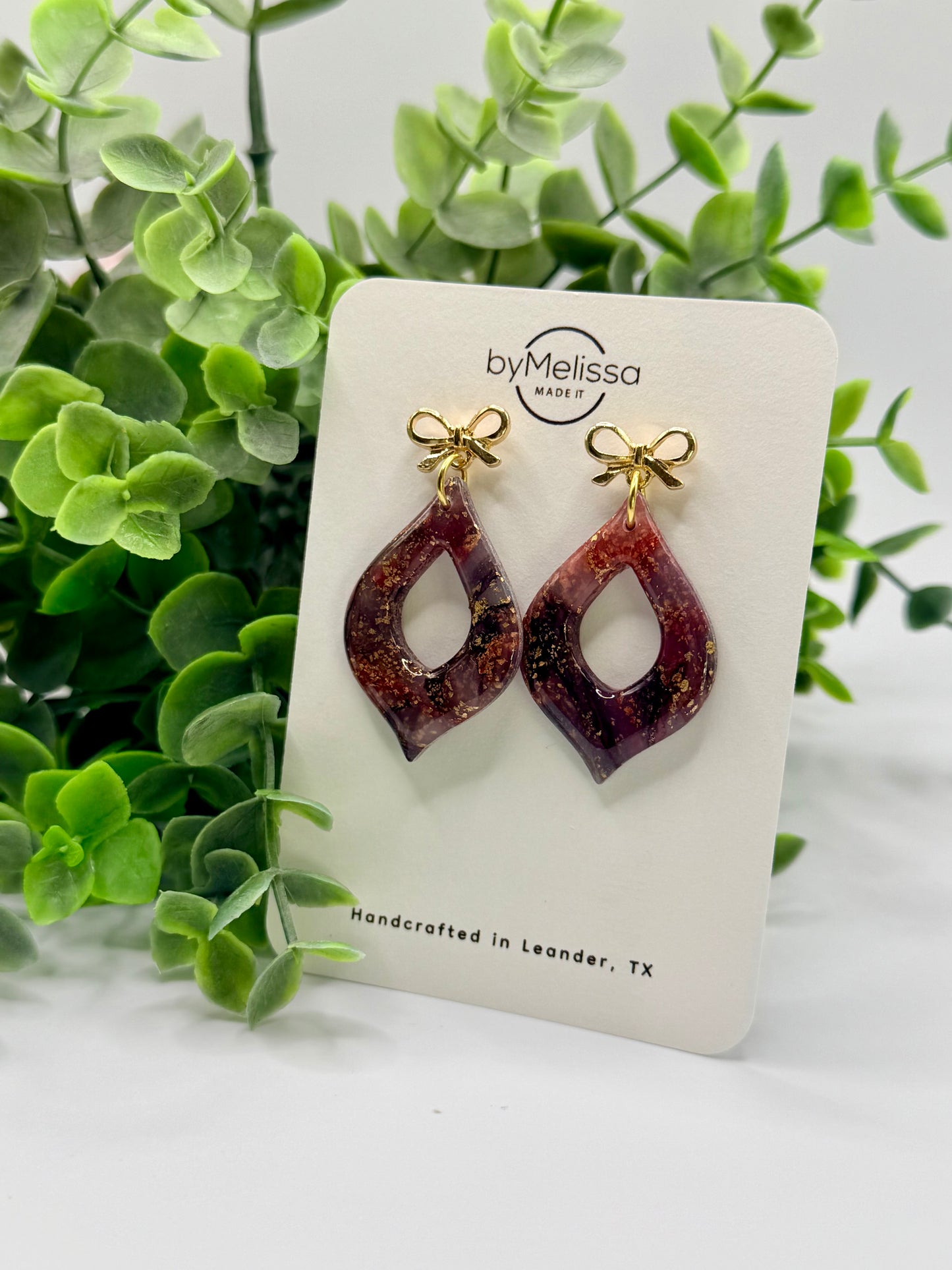 Maroon and Black Flame Drop with Gold Petite Bows