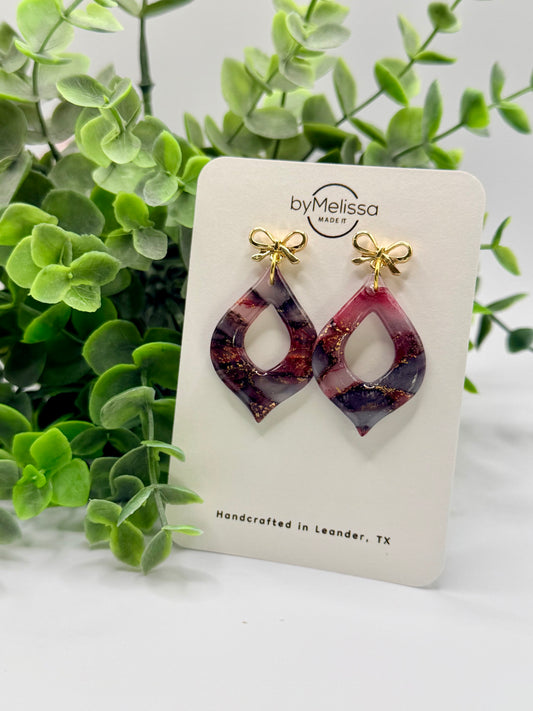 Maroon and Black Flame Drop with Gold Petite Bows