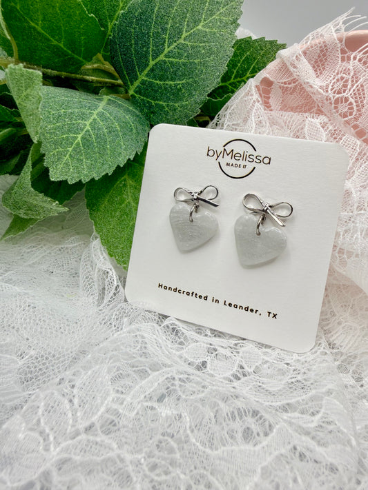 White and Silver Heart Bowknot Earrings