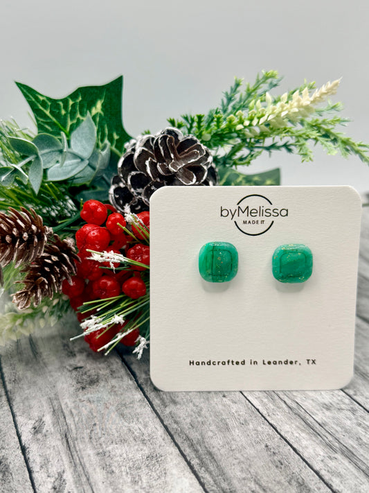 Green and Gold Small Embedded Square Stud Earrings