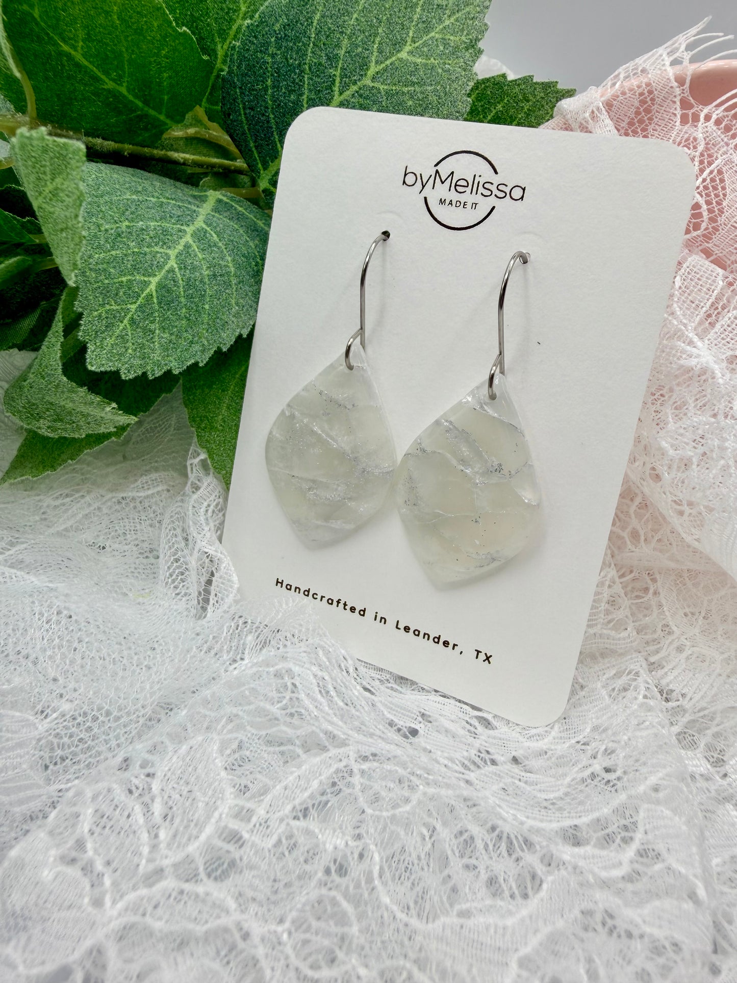 White and Silver Small Wide Leaf Drop Earrings