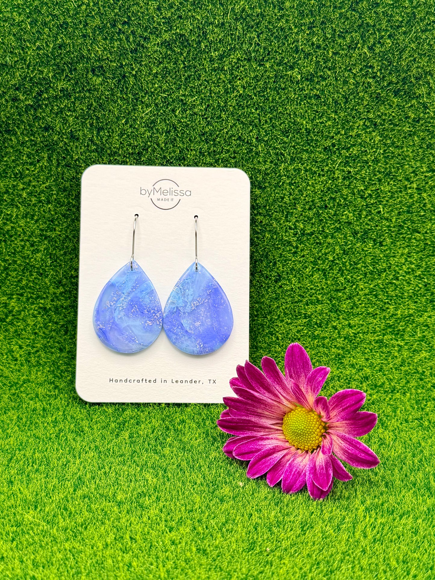 Sky Blue and Periwinkle Small Wide Teardrop Drop Earrings in Silver