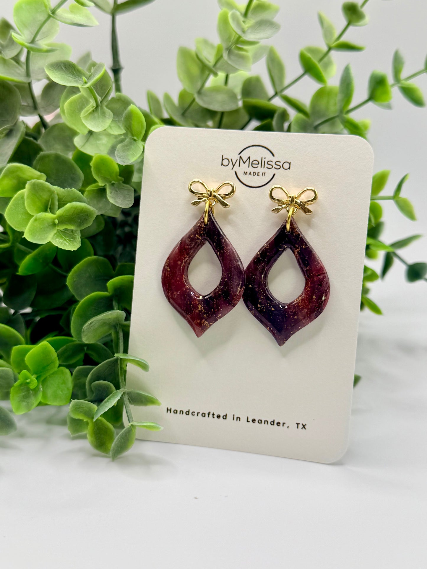 Maroon and Black Flame Drop with Gold Petite Bows