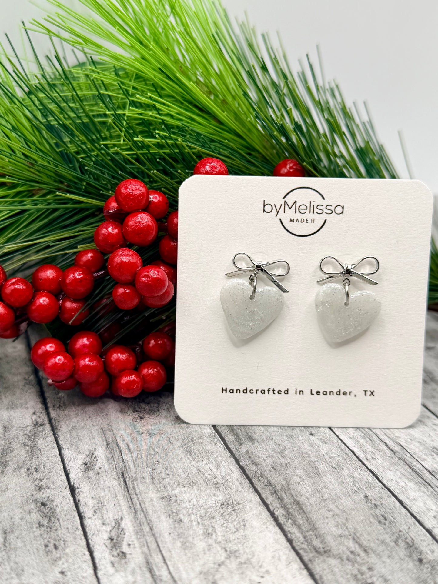 White and Silver Heart Bowknot Earrings