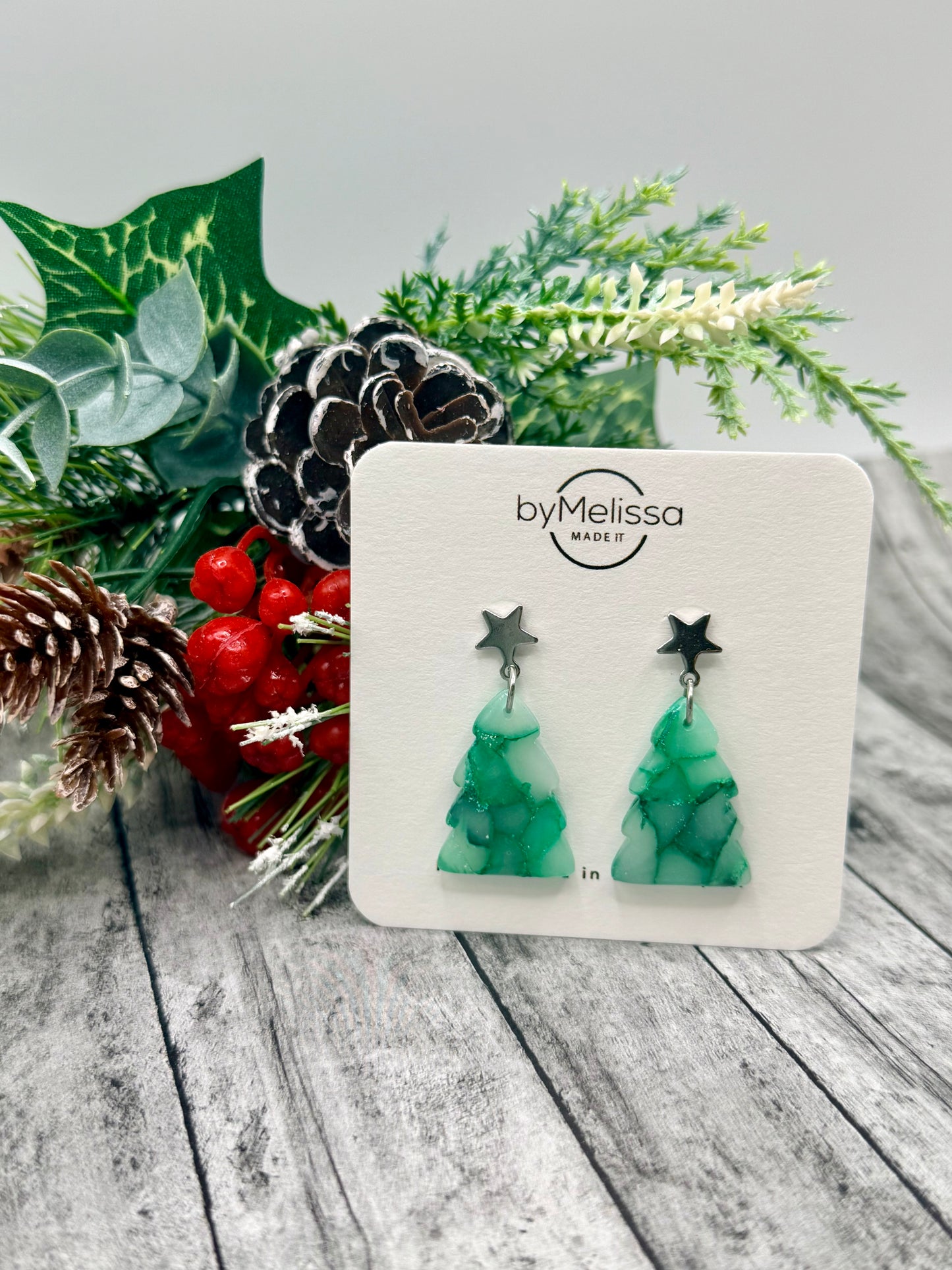 Green Christmas Tree Earrings with Silver Star Studs