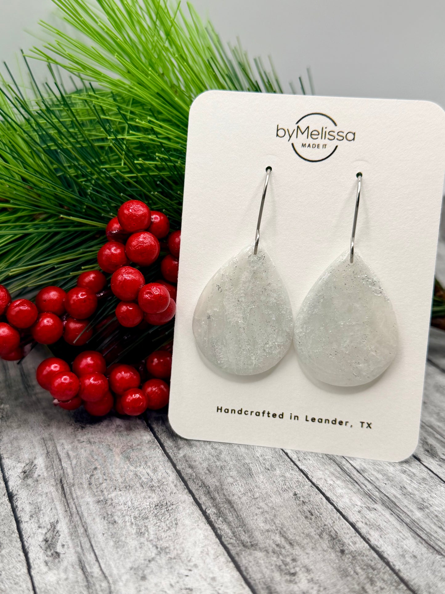 White and Silver Small Wide Teardrop Drop Earrings