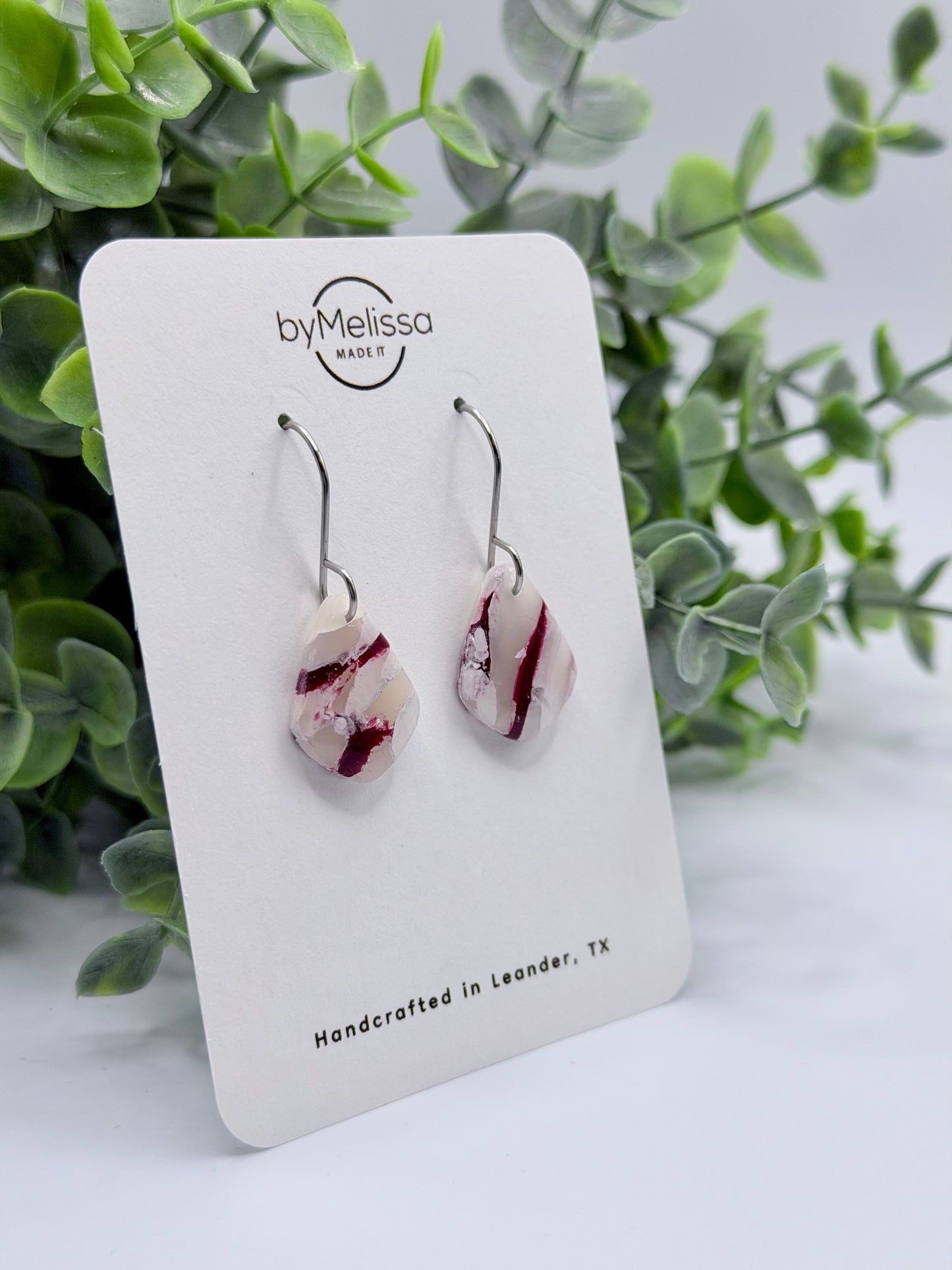 Maroon and White Petite Kite Drop Earrings in Silver