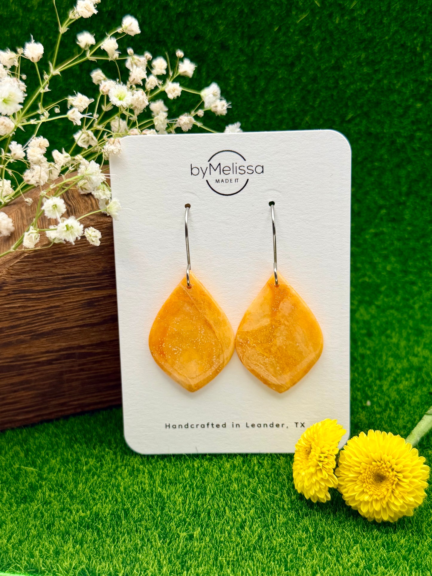 Orange Small Wide Leaf Drop Earrings in Silver