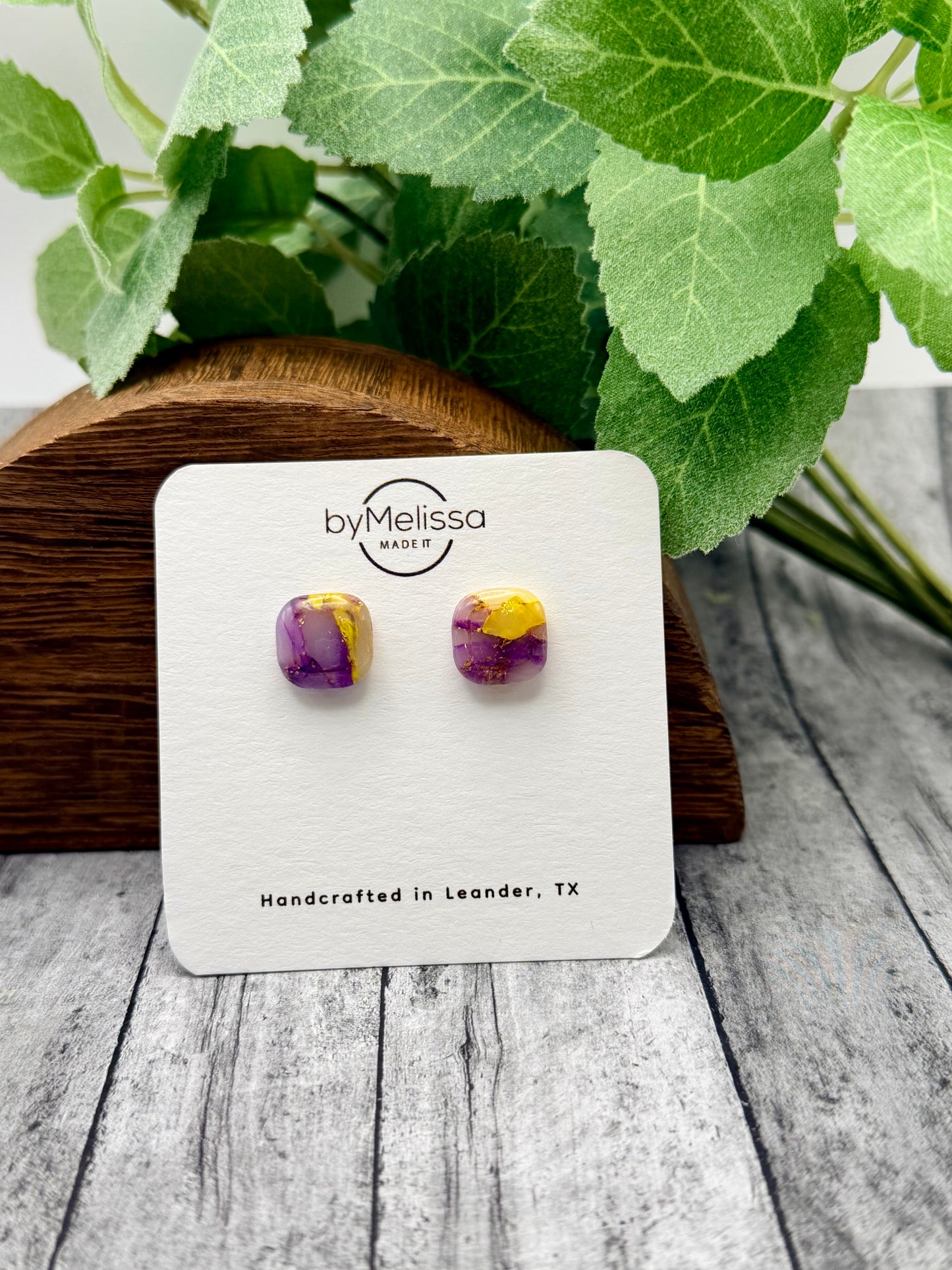 Purple and Gold Small Embedded Square Stud Earrings