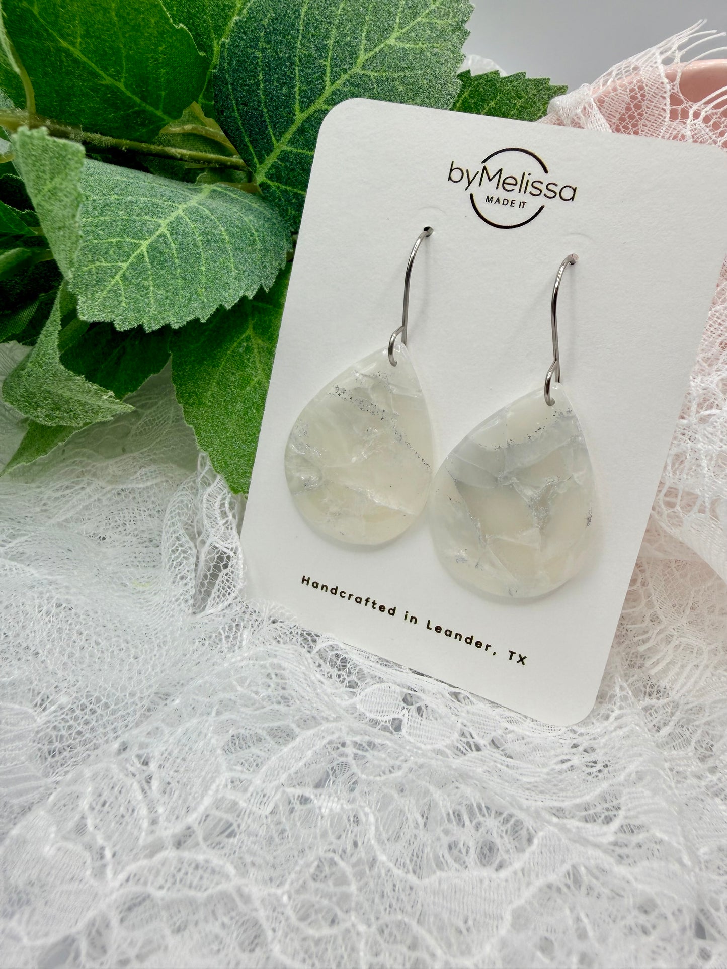 White and Silver Small Wide Teardrop Drop Earrings