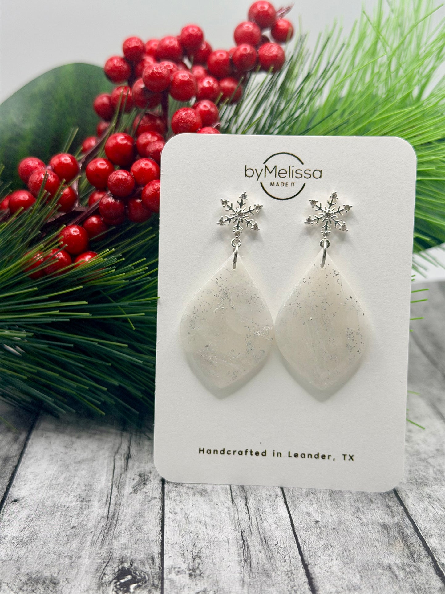 White and Silver Small Wide Leaf with Silver Snowflake Studs