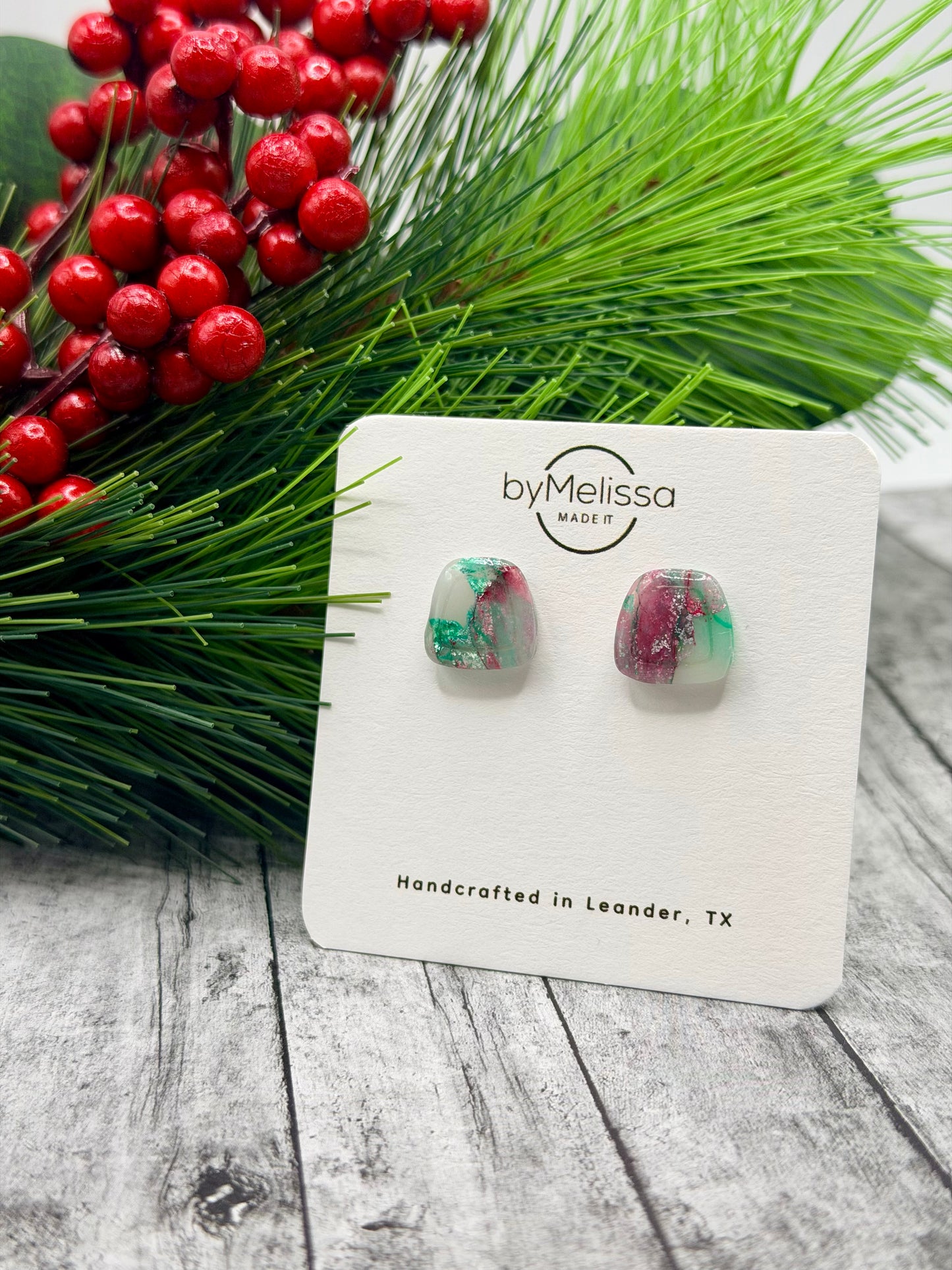 Red and Green Small Embedded Polygon Stud Earrings