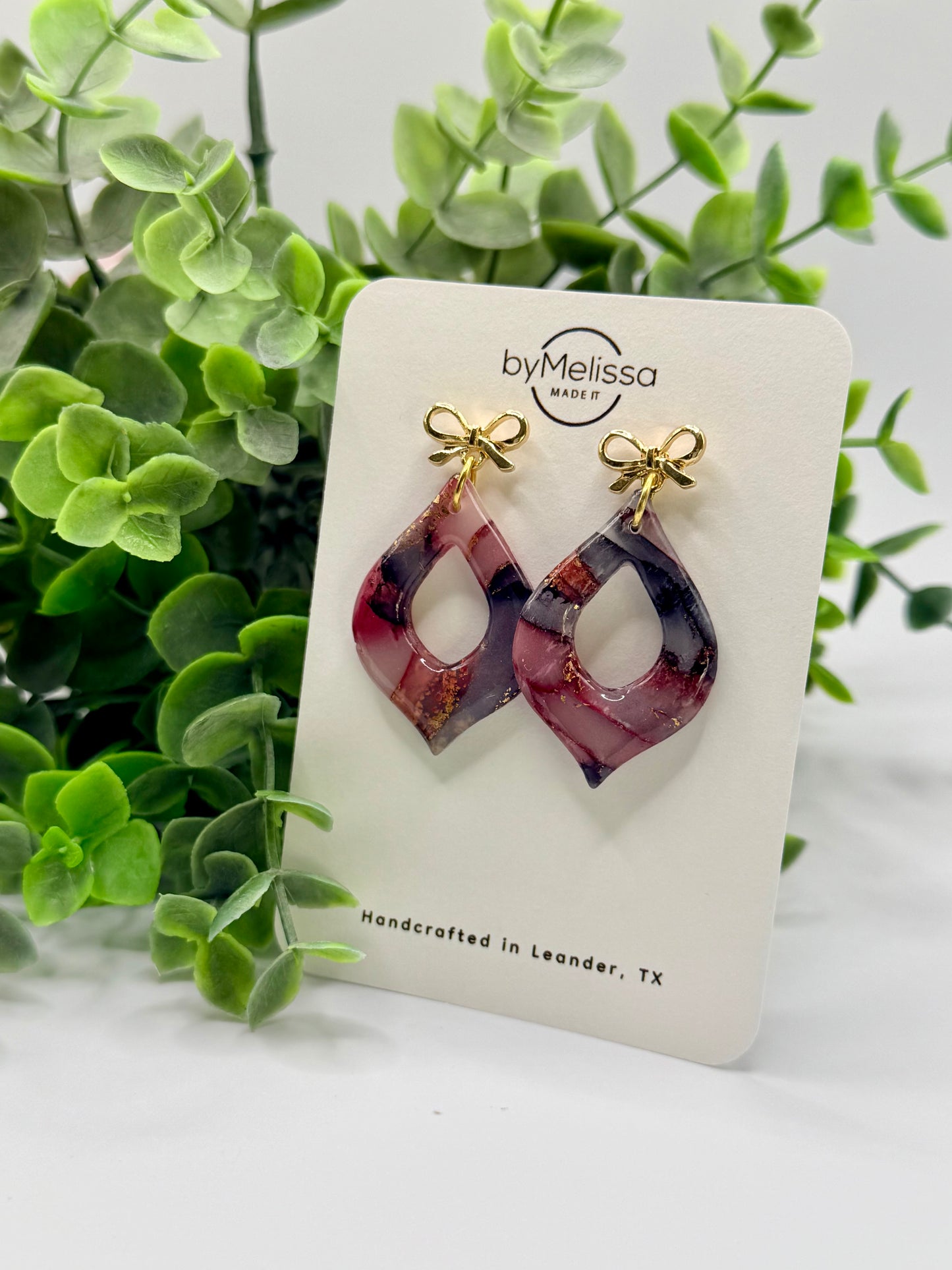 Maroon and Black Flame Drop with Gold Petite Bows