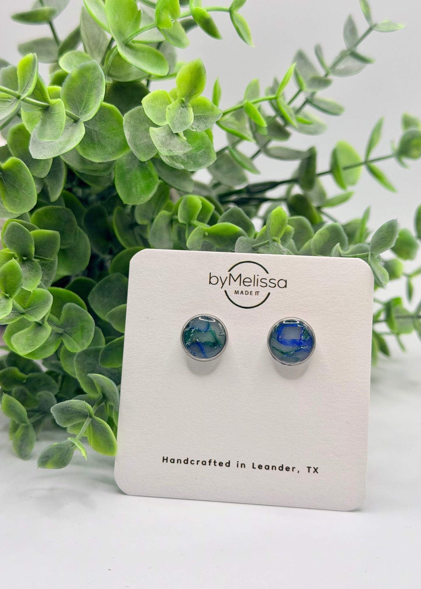 Forest Green and Blue Circle Bezel Stud Earrings
