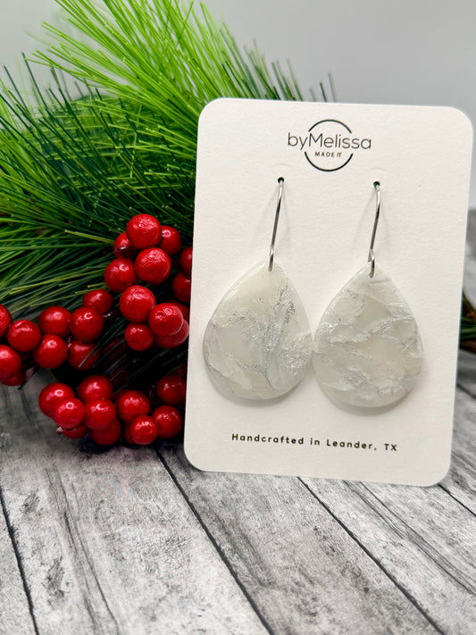 White and Silver Small Wide Teardrop Drop Earrings
