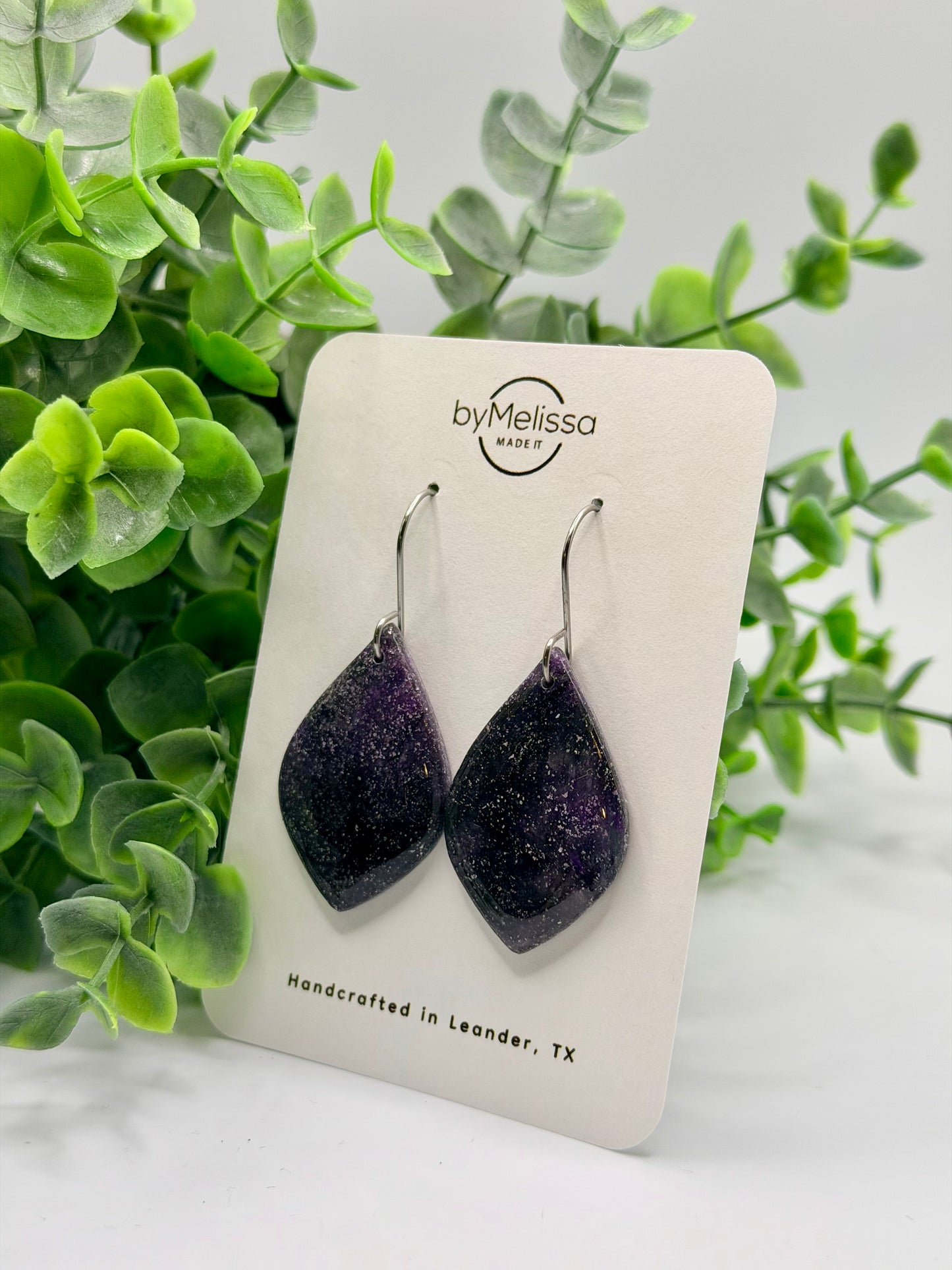 Purple and Black Small Wide Leaf Drop Earrings in Silver