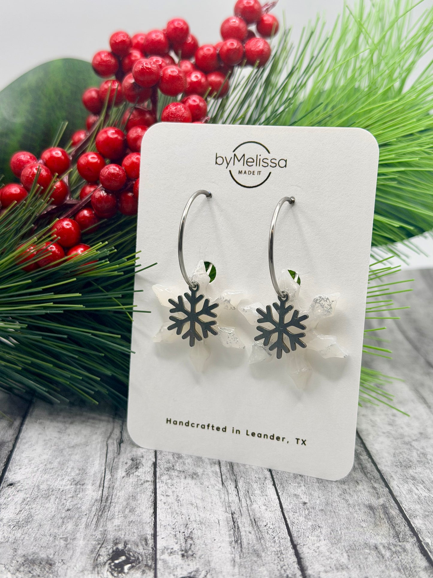 White and Silver Snowflake Hoop Earrings with Snowflake Charm