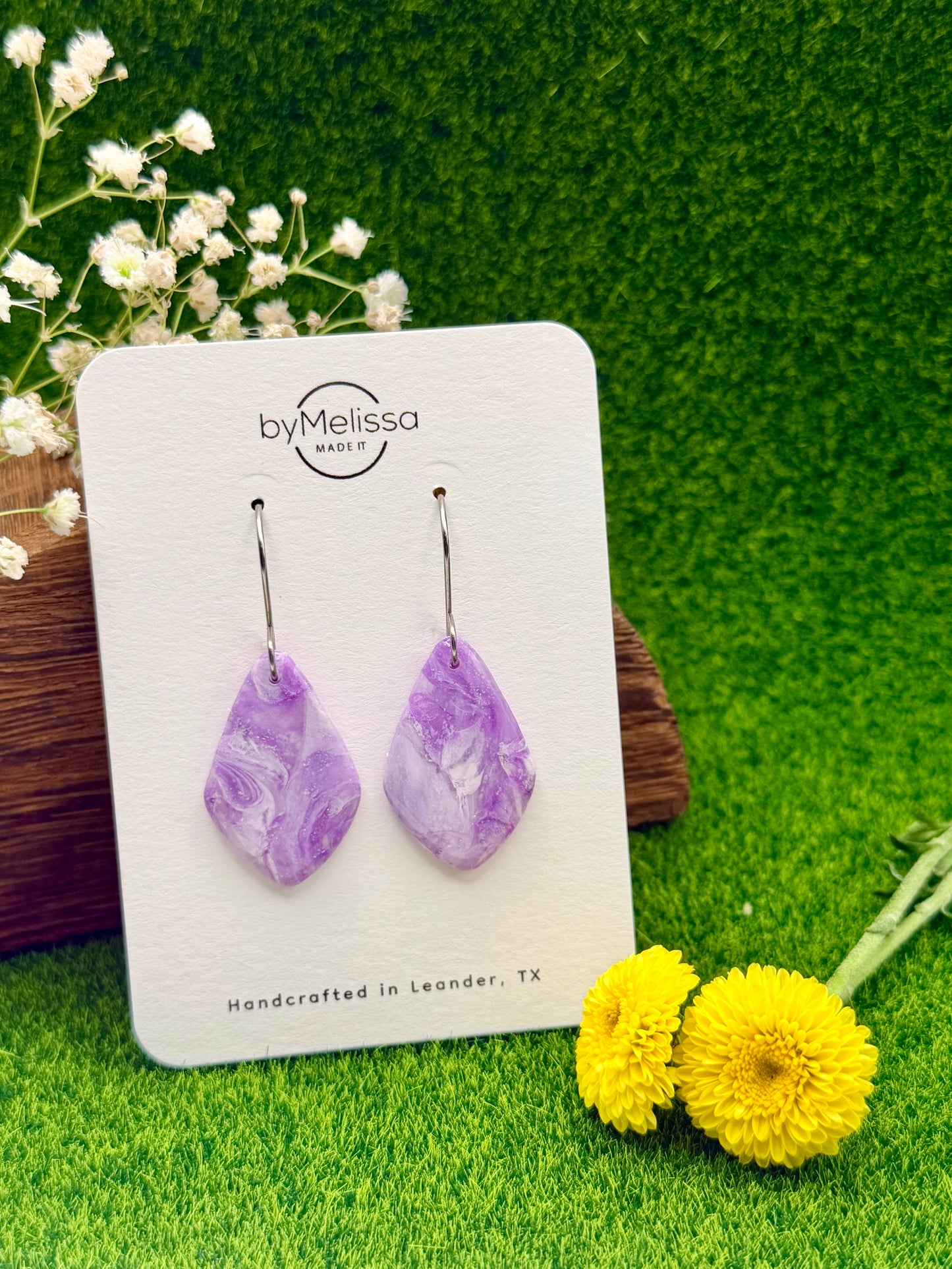 Purple and White Small Kite Drop Earrings in Silver