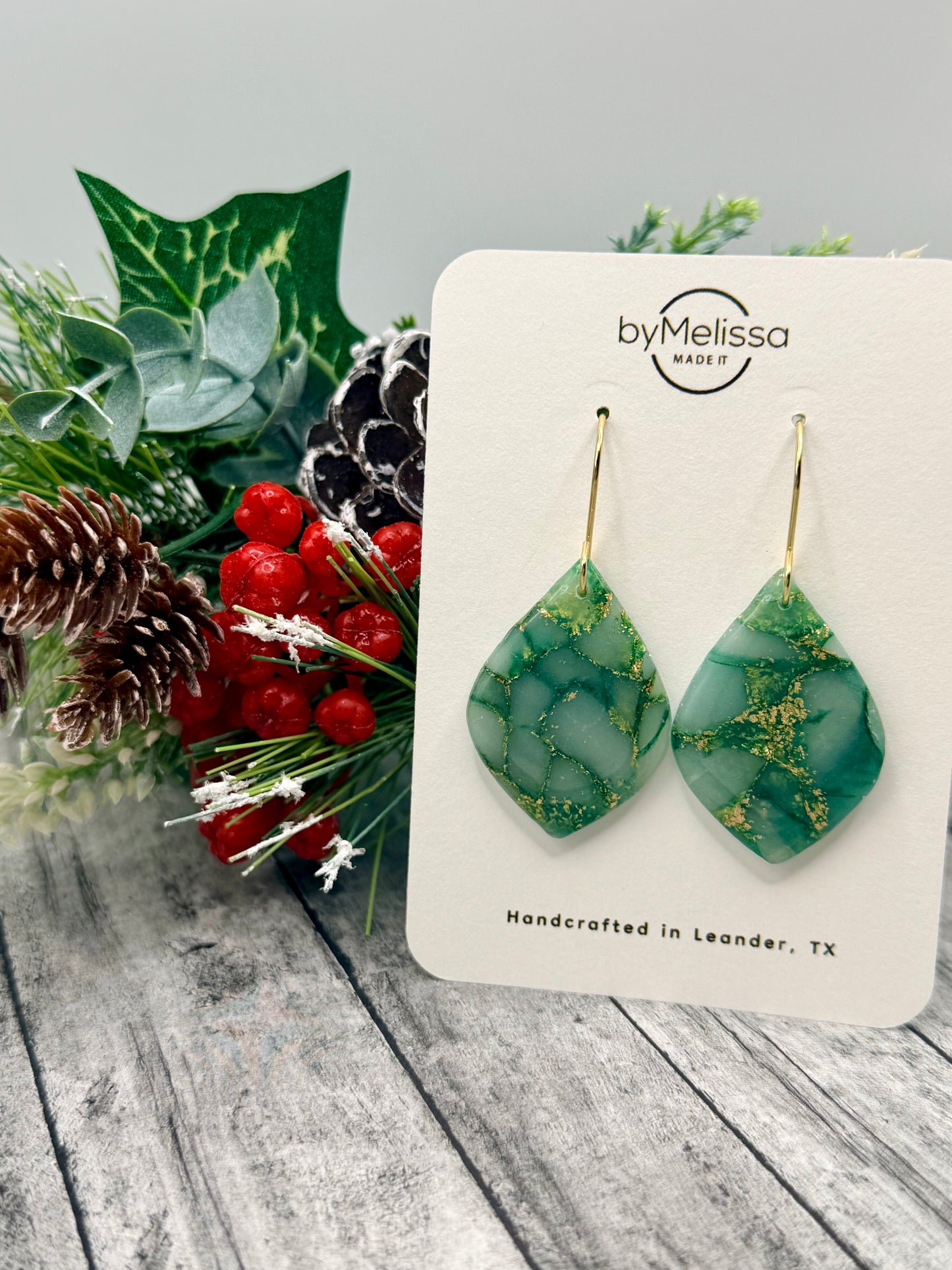 Green and Gold Small Wide Leaf Drop Earrings