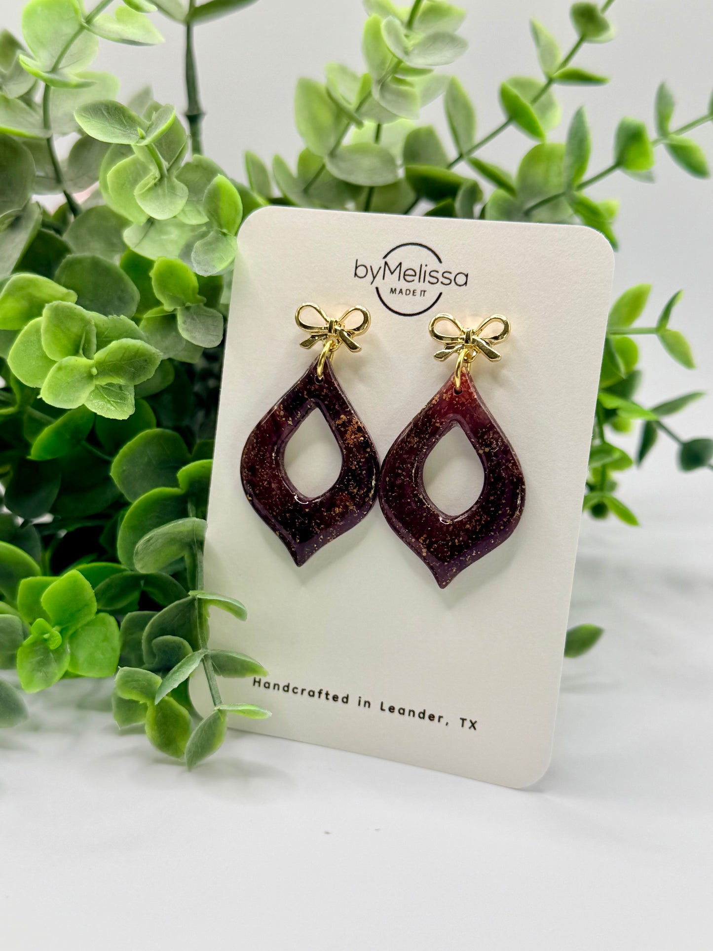Maroon and Black Flame Drop with Gold Petite Bows