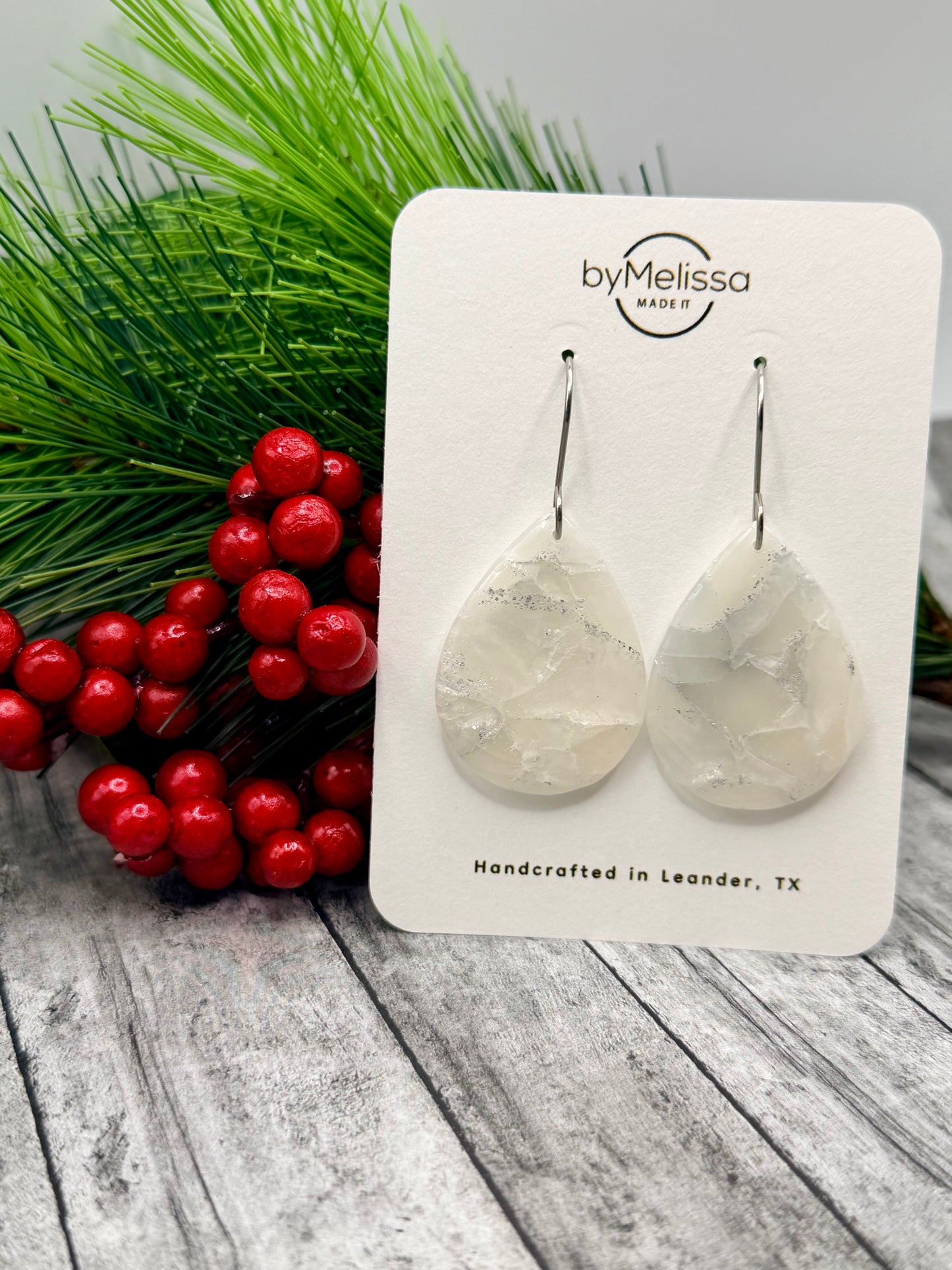 White and Silver Small Wide Teardrop Drop Earrings