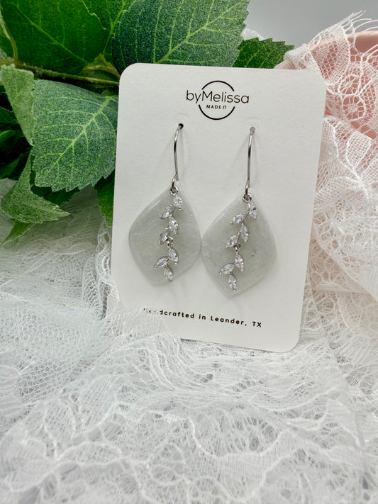 White and Silver Small Wide Leaf Drop Earrings with Trellis Charm
